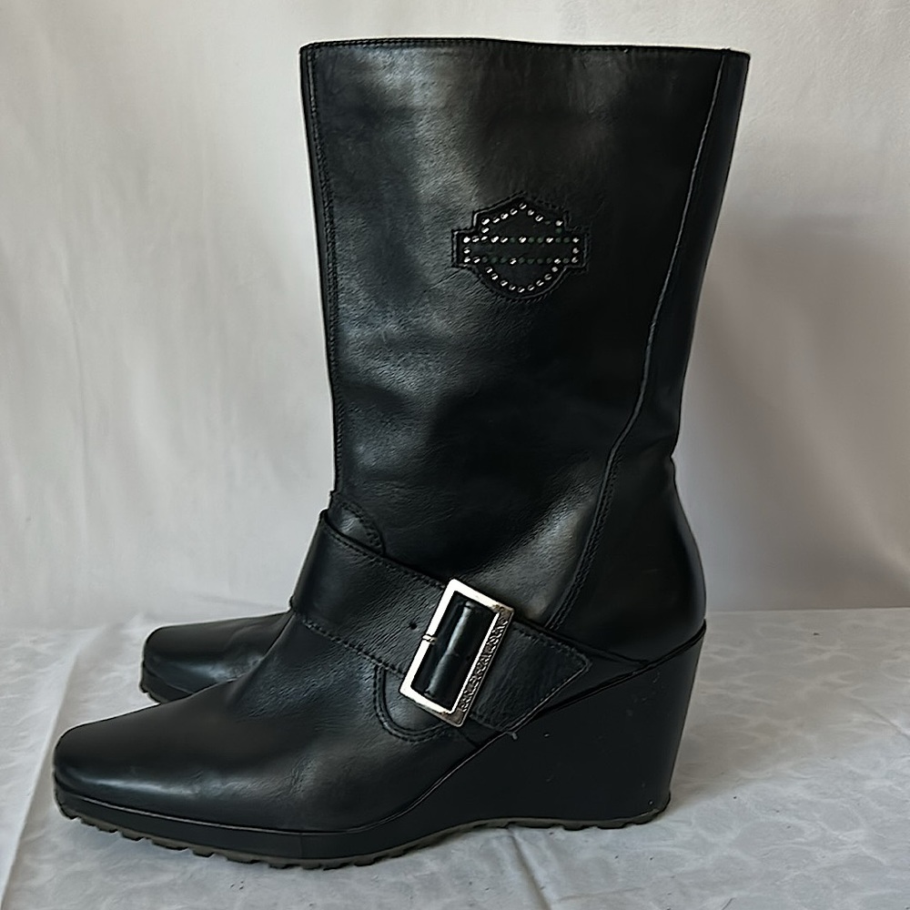 Harley-Davidson Sexy Black Leather Wedge Heel Moto Boots Shoes **Size 8**🔥🔥 - Picture 6 of 10